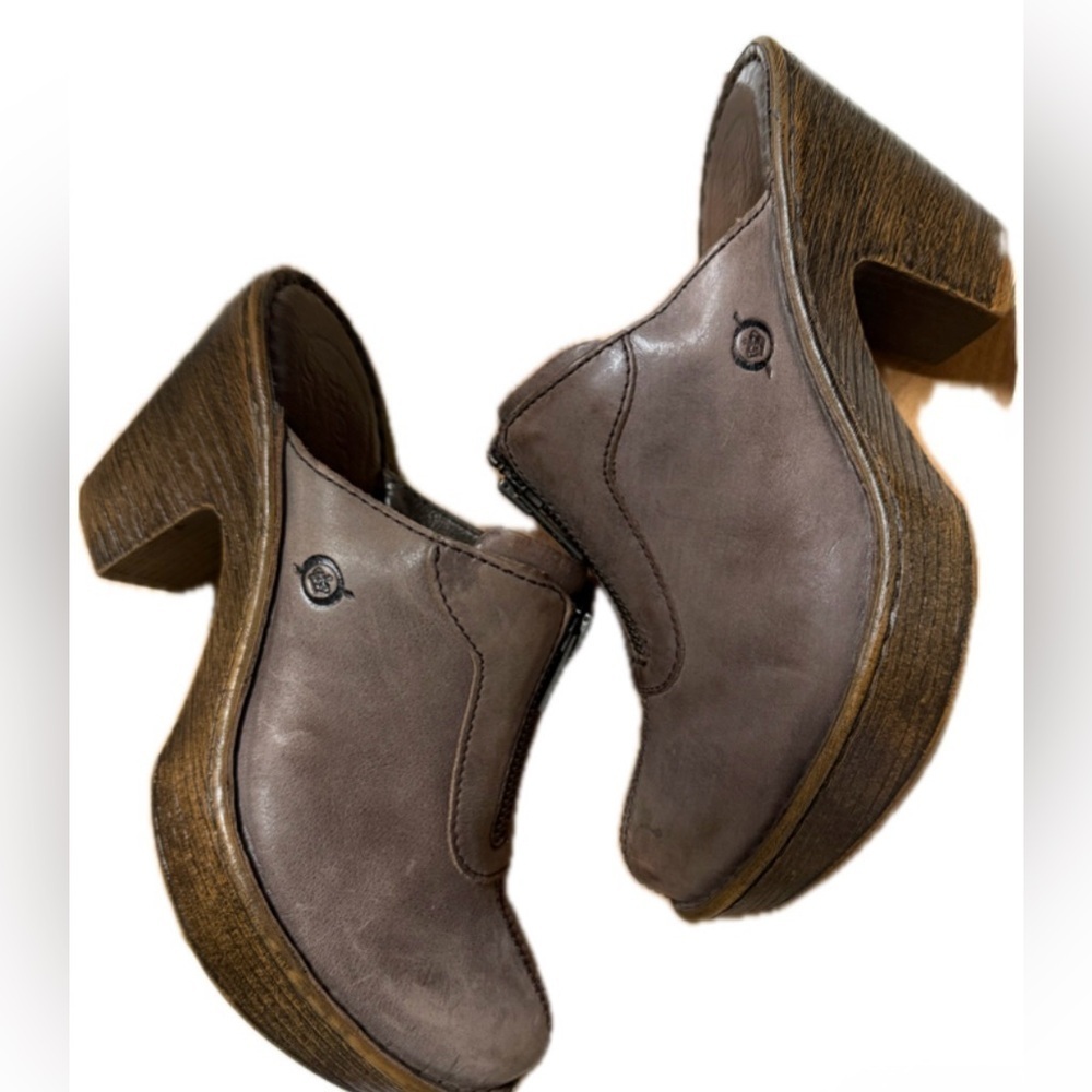 BORN Haledon Leather Clog Mules Brown Pewter Woodgrain Heel Comfort Shoes 7 EU38 - Picture 6 of 13